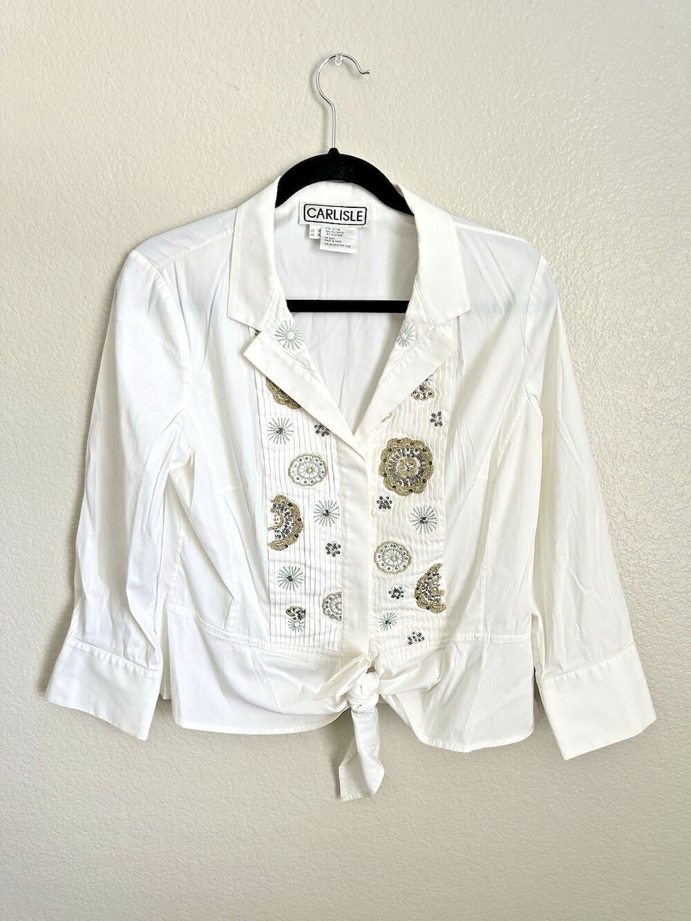 Carlisle Blouse Women's Size 12 White Front Embroidered Medallions Tie Front